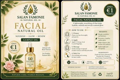 Salan Famonie facial natural oil sample packaging showing front with product bottle and back with usage instructions and ingredients