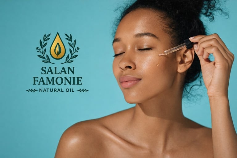 Woman applying Salan Famonie natural oil to her face against a turquoise background with brand logo