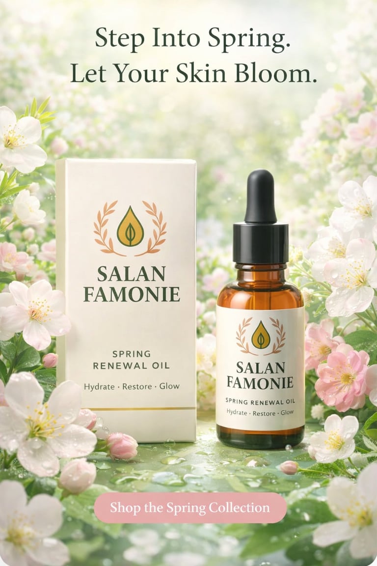 Salan Famonie Spring Renewal Oil bottle with packaging surrounded by white and pink flowers, with text Step Into Spring and Shop the Spring Collection